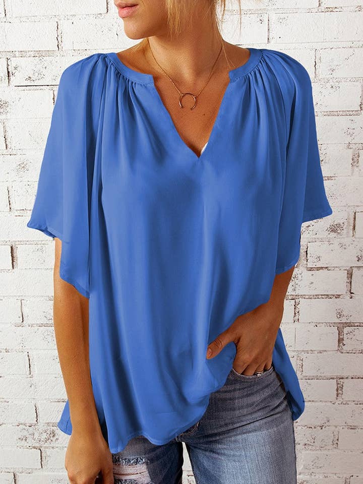 CWTBLS1790_SOLID COLOR LOOSE V-NECK T-SHIRT CHIFFON SHIRT for wholesale by NINEXIS
