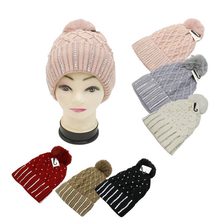 ASSORTED Pom Pom Knitted Beanie With Rhinestone HA4727-8 (12PC) for wholesale on Faire27