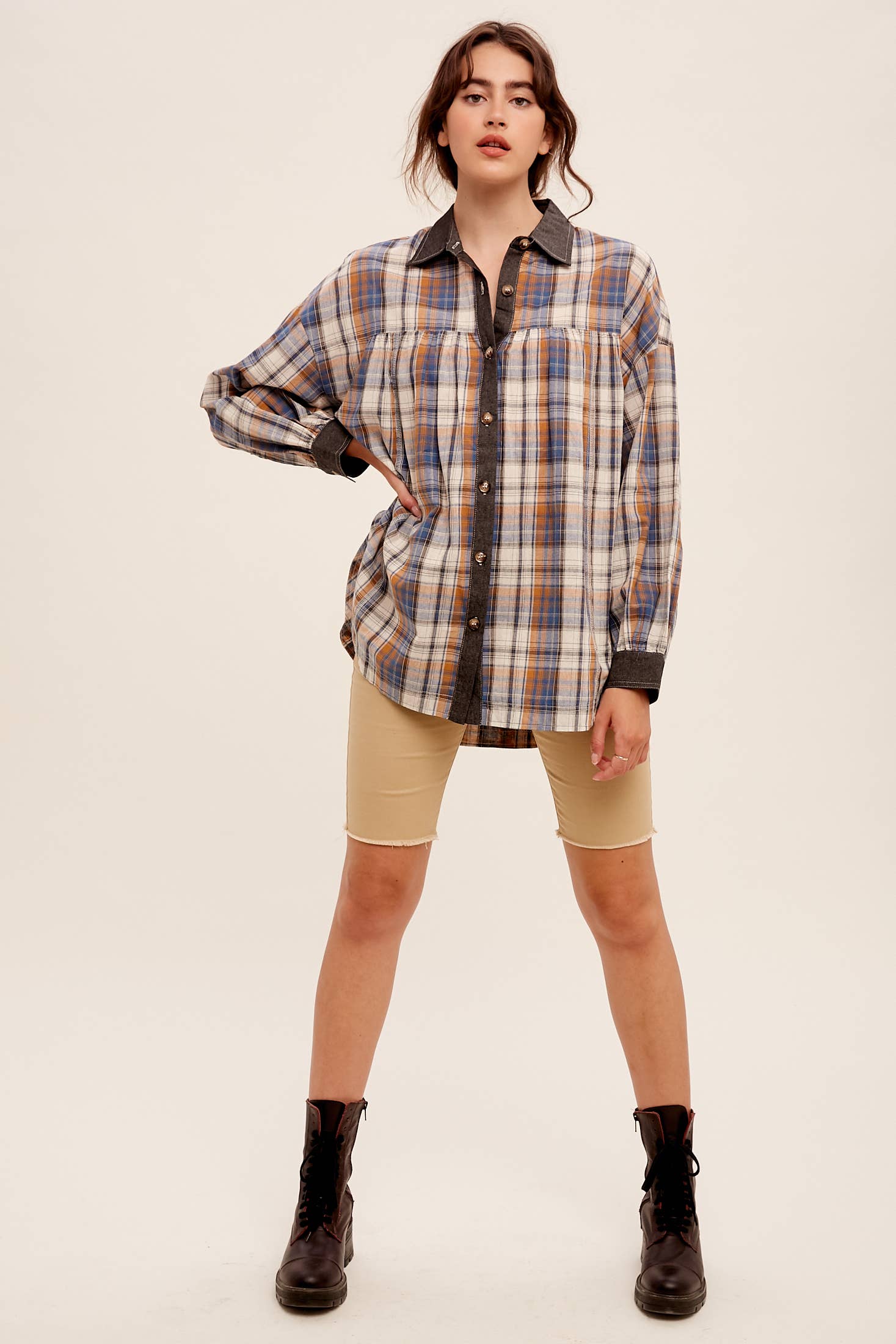 Listicle - Wholesale Button Down Shirt - Women's - Mixed Plaid Oversized Button-Down Shirt LJ02056