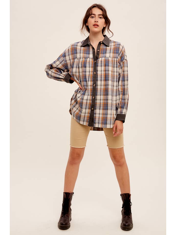 Listicle - Wholesale Button Down Shirt - Women's - Mixed Plaid Oversized Button-Down Shirt LJ02056