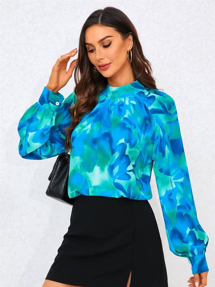 Abstract Floral Print Halter Neck Blouse Top In Blue for wholesale by FS Collection