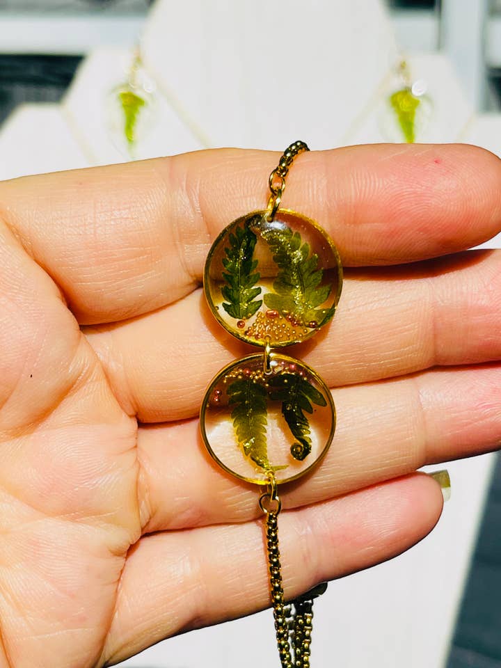 Dried/pressed preserved ferns in resin bracelet gold cinch for wholesale by Handmade clay and resin Jewelry