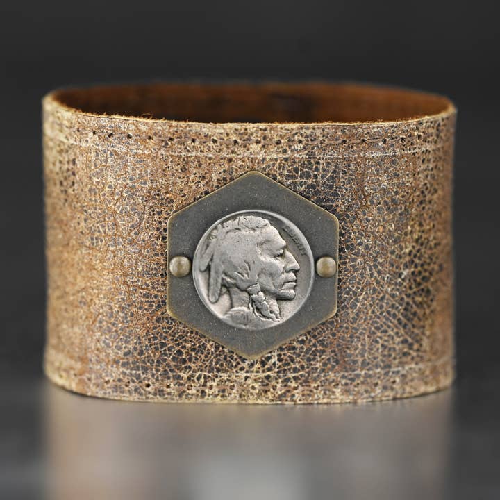 KBD Studio - Wholesale Cuff Bracelet - Unisex 2" Brown Leather Cuff w/ Antique One of a Kind Coin