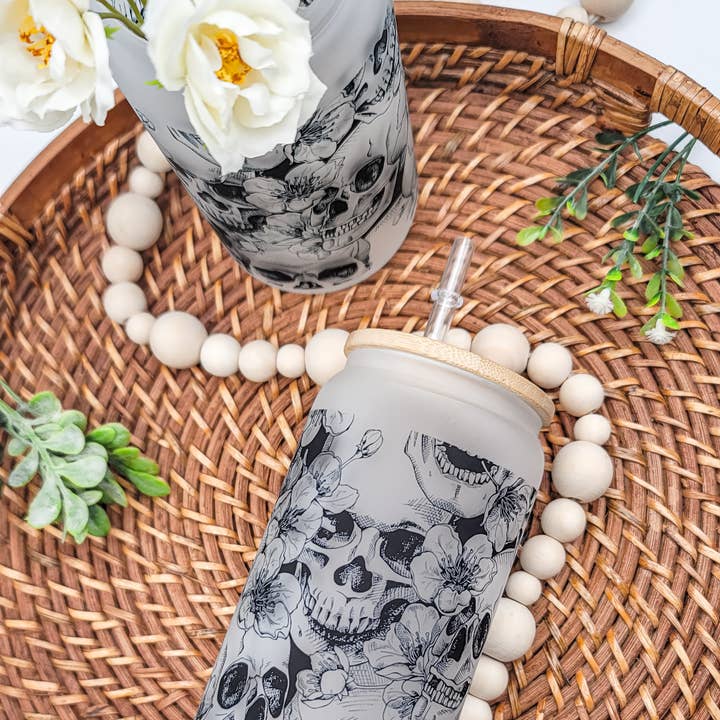 Fancy Floral Skulls Libbey Beer Glass Can Elegant Drinkware for wholesale by Cataleya Designs Studio LLC