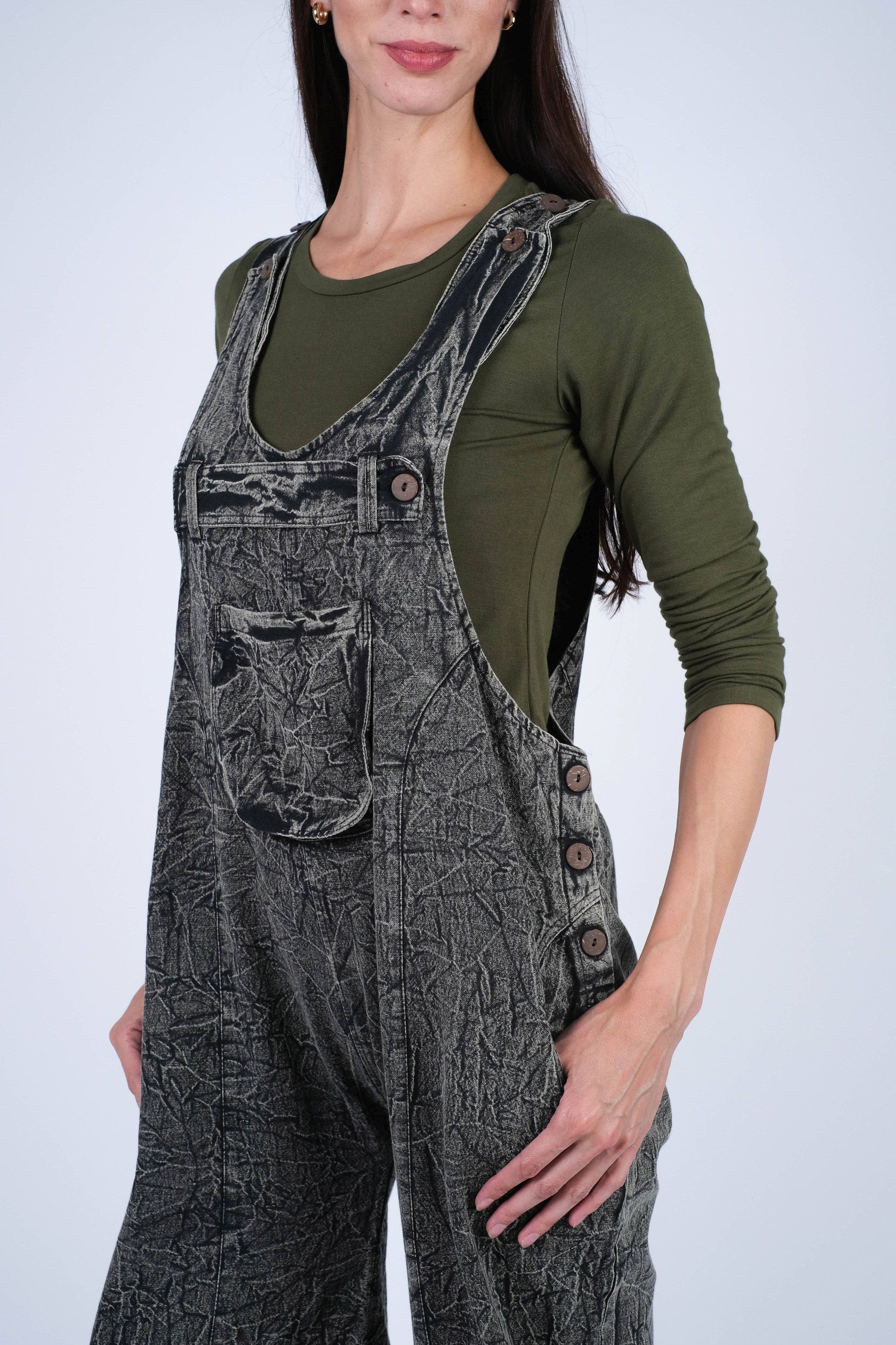 Sacred Threads - Wholesale Overalls - Women's - Textured Stone-Washed Cotton Overalls Cuffed Bottoms2
