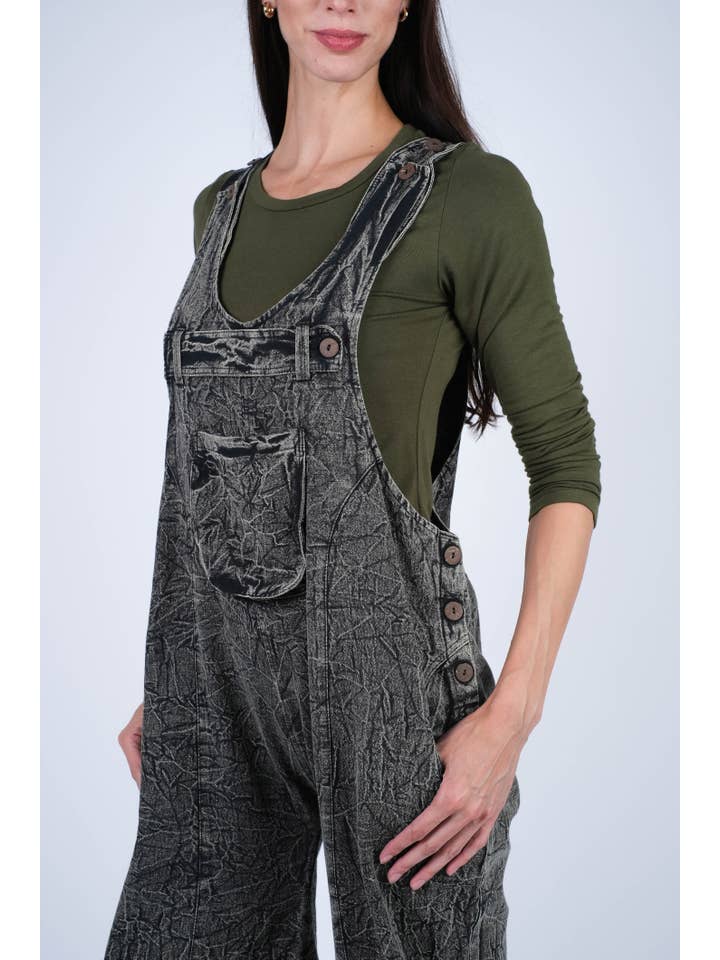 Sacred Threads - Wholesale Overalls - Women's - Textured Stone-Washed Cotton Overalls Cuffed Bottoms2