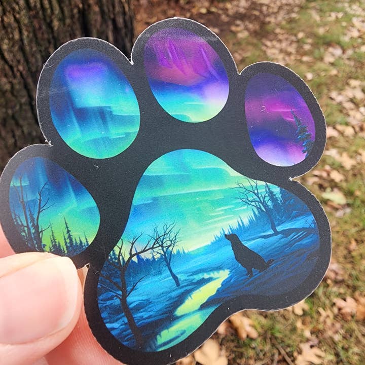 National Parks and Beyond - Wholesale Sticker - Northern Lights Paw Print Sticker – Dog and Aurora Design3