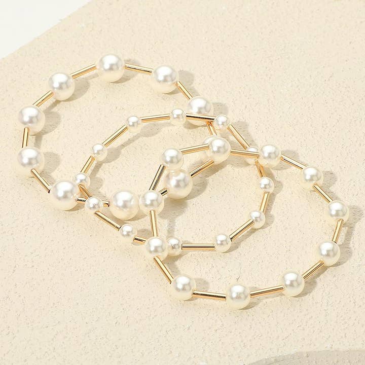 Sensibling Corp. - Wholesale Beaded Bracelet - 3PCS - Pearl Metal Bar Beaded Stretch Multi Layered Bracelets1