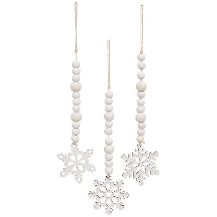 The Hearthside Collection - Wholesale Ornament set - White Beaded Wooden Snowflake Cutout Ornament, 3 Assorted