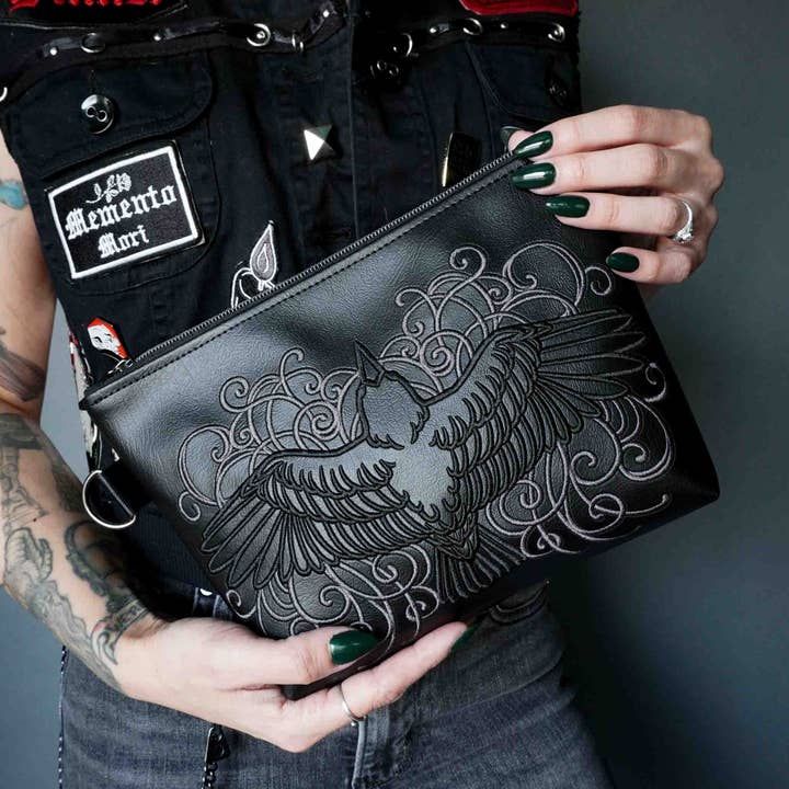Filigree Raven Black Cosmetic Bag - Handmade, Vegan Leather, Gunmetal Hardware for wholesale by Project Pinup