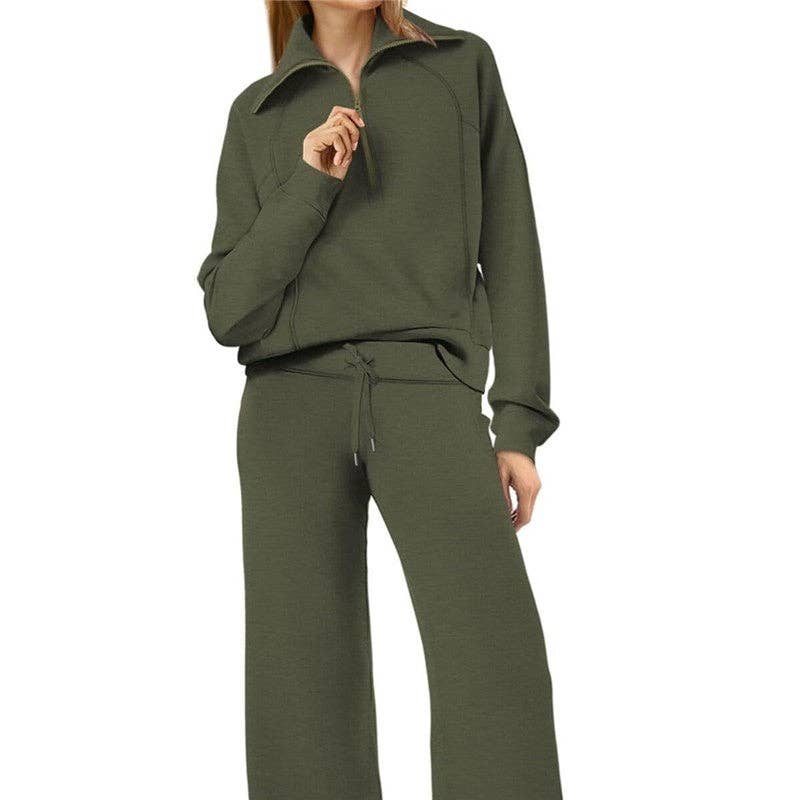 Plush Looks – wholesale Mjukisset – Dam – Set med halvzip-tröja i ren färg och joggers med vida ben4