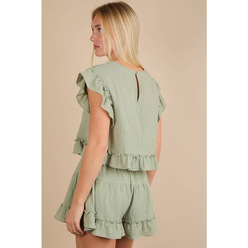 IVE - Vente Ensemble haut et short (PAS d'intérieur) - Femme - Ensemble haut tissé uni à volants ET short15