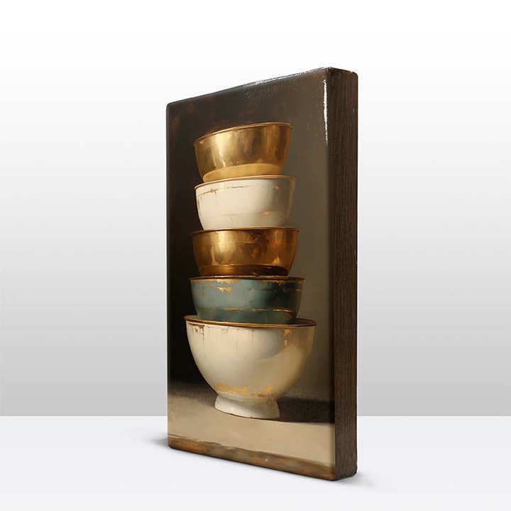 Laqueprint - Wholesale Art Print - Stack of Gold - White 4 bowls1