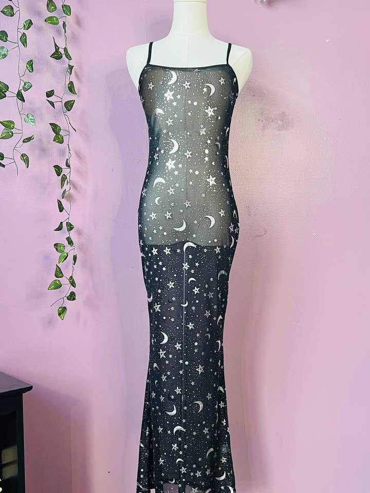 Sheer Hourglass Maxi Dress - Metallic Moon & Stars - RTS for wholesale by Witchwood Bags
