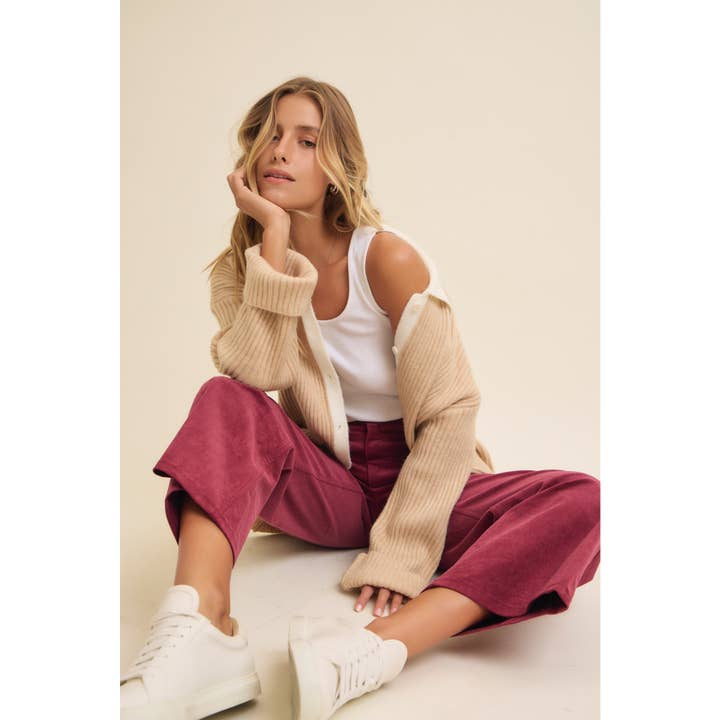 BEIGE TWO TONE RIB SWEATER CARDIGAN WITH CONTRAST COLLAR for wholesale on Faire
