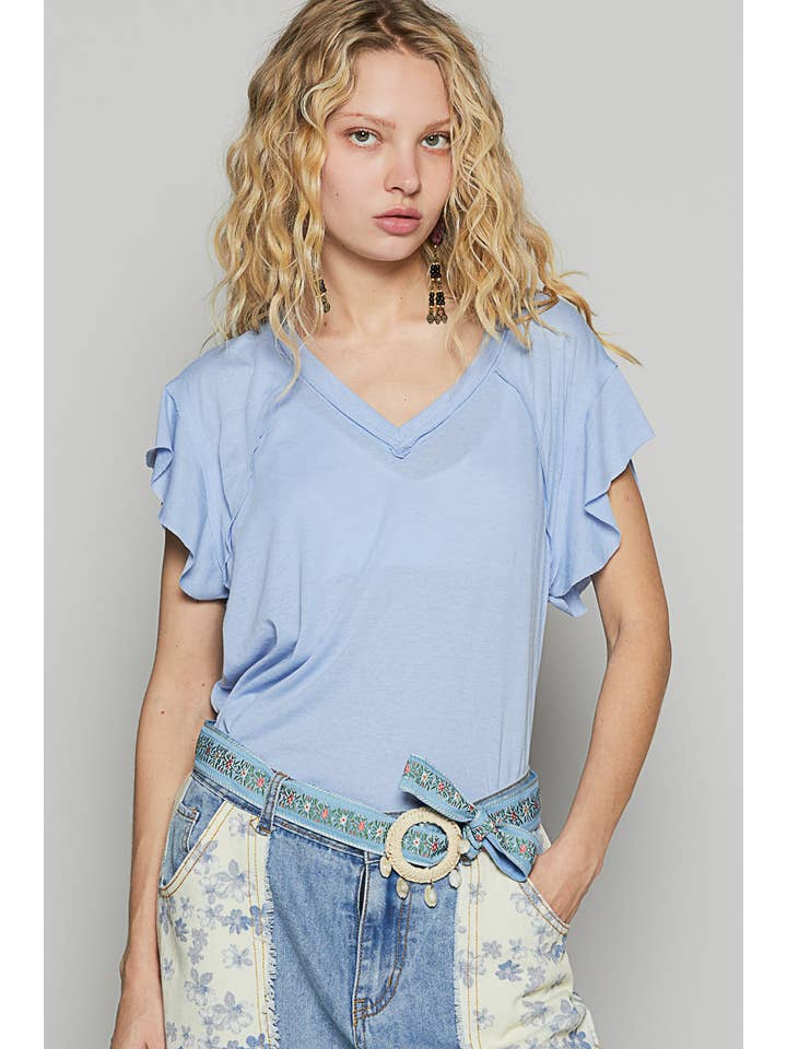 Pol Clothing - Wholesale T-Shirt - Women's - V-neck ruffle short sleeve solid basic cotton top19