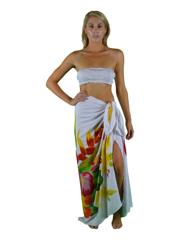 Island Style Clothing Co by Akamai Distribution Ltd - Wholesale Swim Cover Up - Women's - Batik Sarong | Handpainted Flowers | Tropical White | Pareo