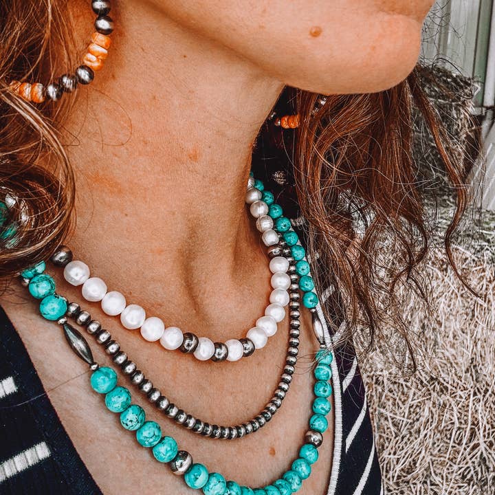 Wild Hancock Creations - Wholesale Beaded/Pearl Necklace - Kingman Turquoise Necklace With 8MM Navajo Pearls & Torpedo's