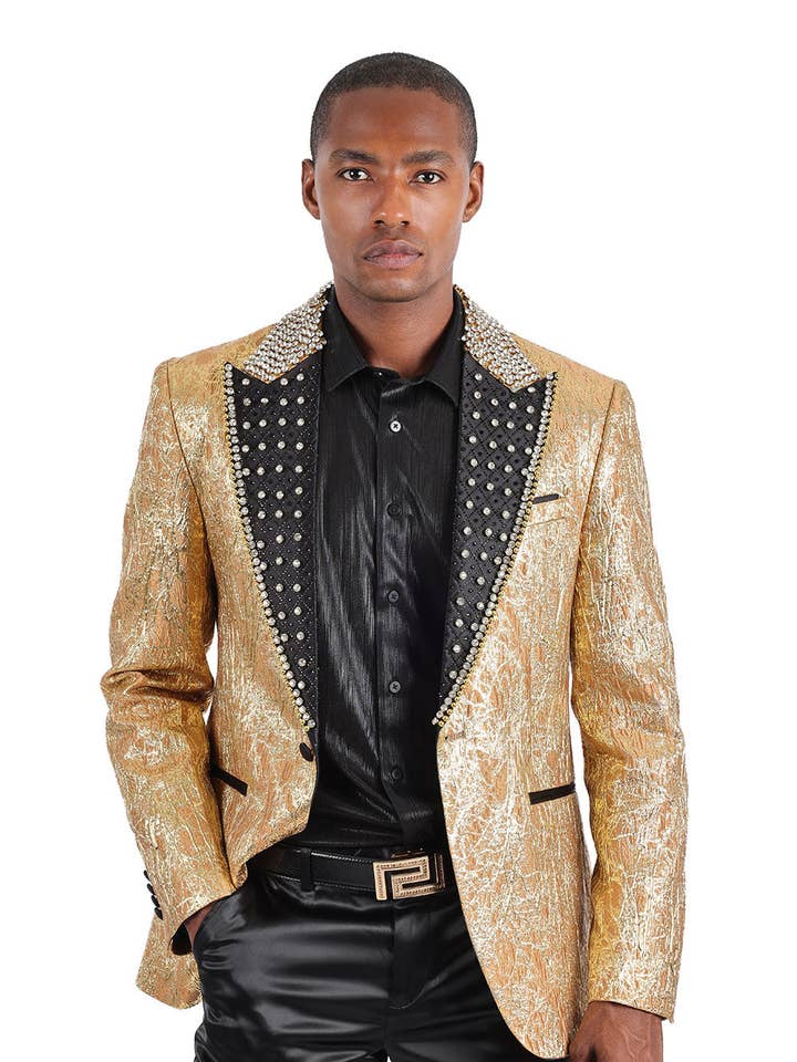 Gold Shiny Crystals Beads Rhinestone Peak Lapel Blazer 2EBL11 for wholesale on Faire0