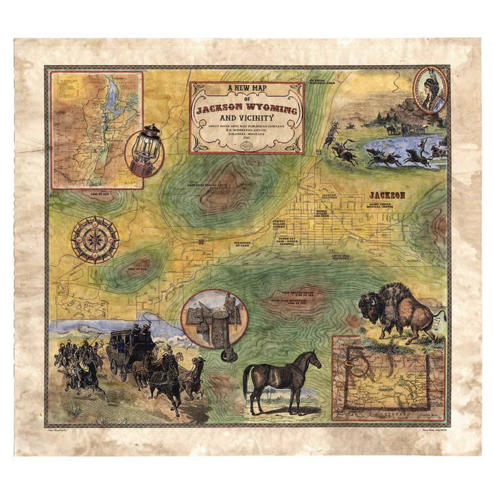 35 Jackson Wyoming et environs 11x14" affiche imprimée de carte vintage historique antique par Lisa Middleton pour la vente par Great Rivers Arts