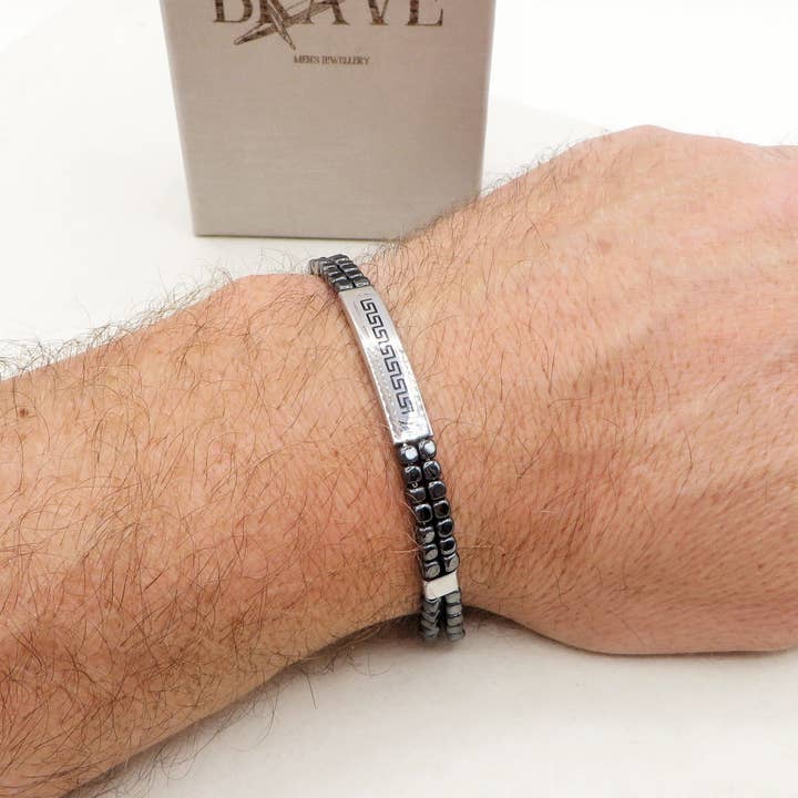 ARES Bracciale uomo Targhetta con greche e cubetti in ematite - ACCIAIO INOSSIDABILE for wholesale on Faire1