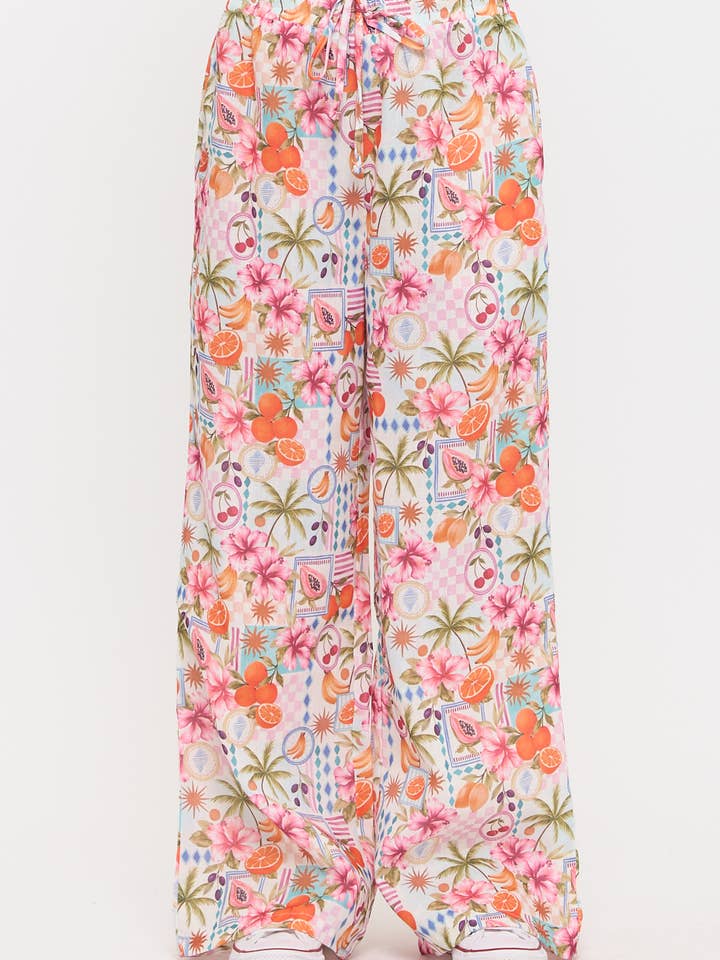 PANTALON LARGE À MOTIFS DE FRUITS TROPICAUX ET FLORAUX pour la vente par SM WARDROBE