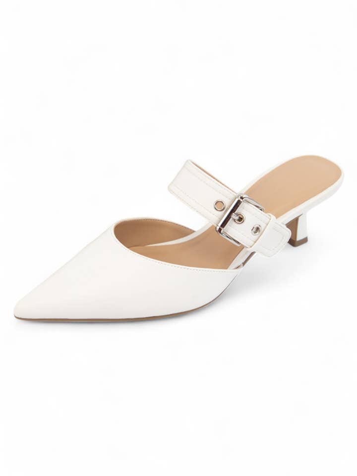 POINTED-TOE BUCKLE STRAP KITTEN HEEL MULES for wholesale by Oliccui