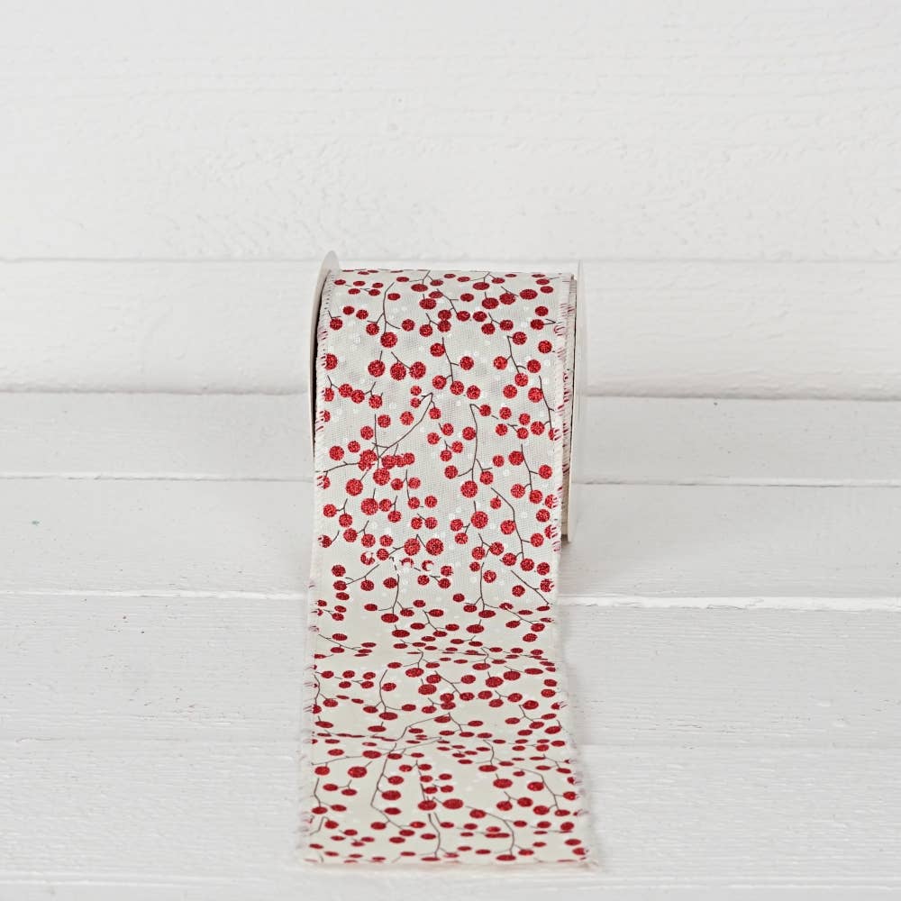 Holiday Depot Inc. - Wholesale Ribbon - Gift Wrapping - R32965-Wired Ribbon-Cream Burlap w. Red Berries (4inW)5