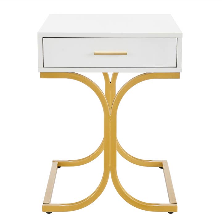 Danya B - Wholesale Side Table - Retro White Lacquer Gold Brass Metal Nightstand with Drawer