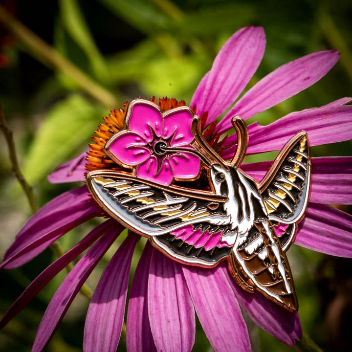 Sphinx Moth & Flower Enamel Pin for wholesale by The Roving House