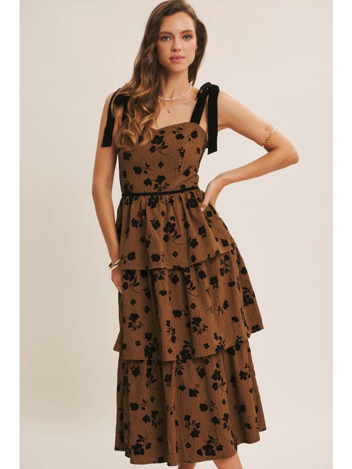 in february - Wholesale Dress - Women's - STANDOUT ELEGANT MOMENT FLORAL FLOCKED TIERED MIDI DRESS11