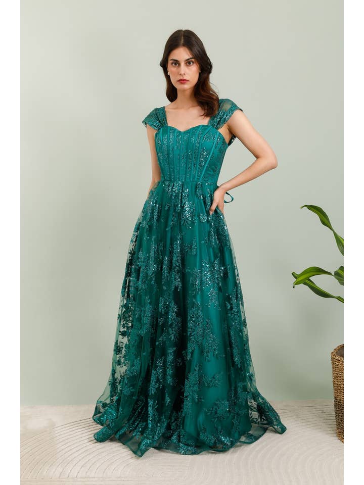 Les Voiliers - Wholesale Gown - Women's - Emerald green sequined long evening dress0