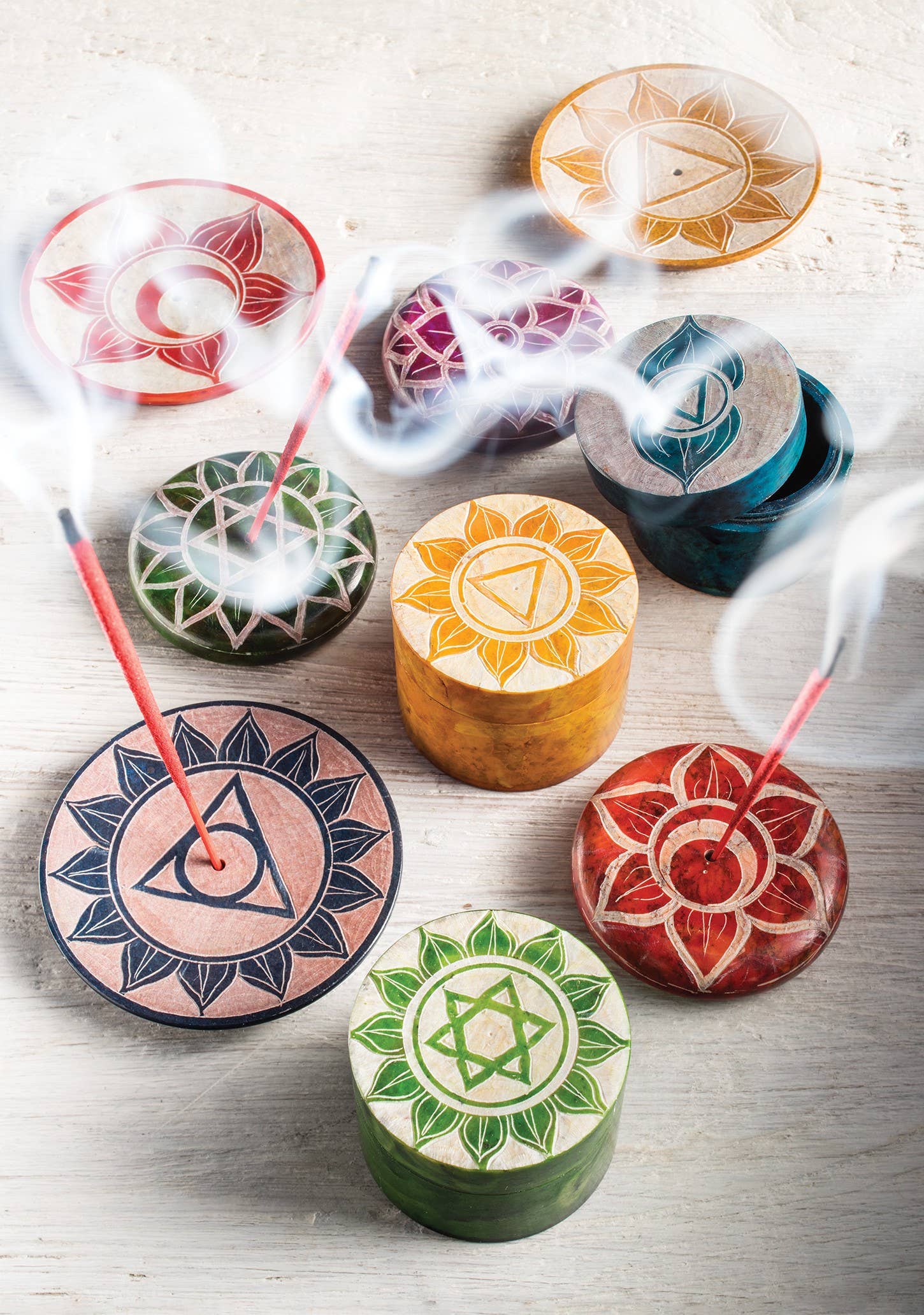 Namaste - Wholesale Incense Holder - Chakra Carved Round Soapstone Incense Holder Pebble0