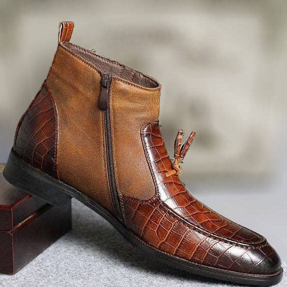 Men's Brown Alligator Texture Leather Tasseled Zipper Boots for wholesale by The Royale Leather