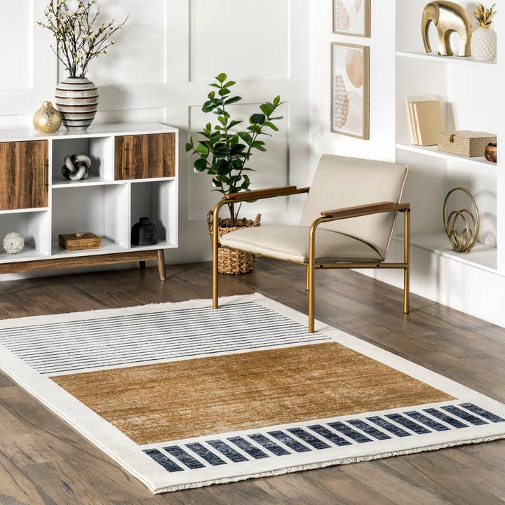 Beige Keeva Modern Striped Fringe Area Rug for wholesale on Faire