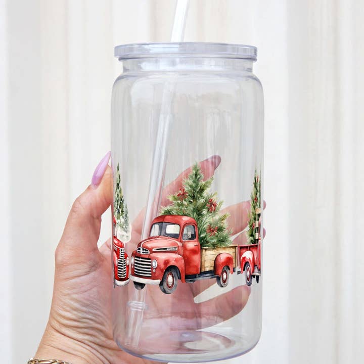 Sip-Sip Hooray! - Wholesale Drinking glass/cup - Christmas Red Truck Cup With Lid and Straw3