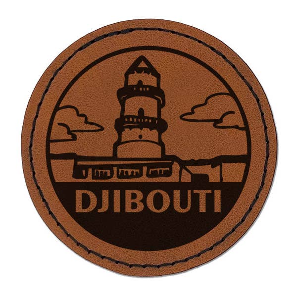 Djibouti Al Sada Mosque Country Destination Round Iron-On Engraved Faux Leather Patch Applique - 2.5 Inch - Brown for wholesale by Sniggle Sloth