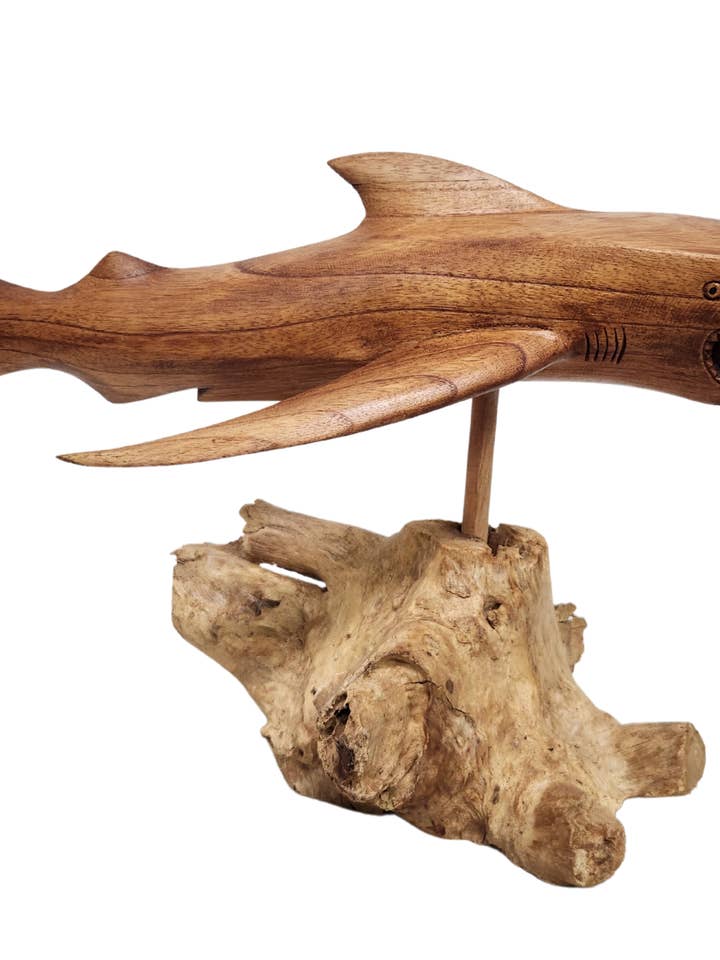 Shark Hand Carved Wood Ocean Sea Shark on Stand for wholesale by White Elephant