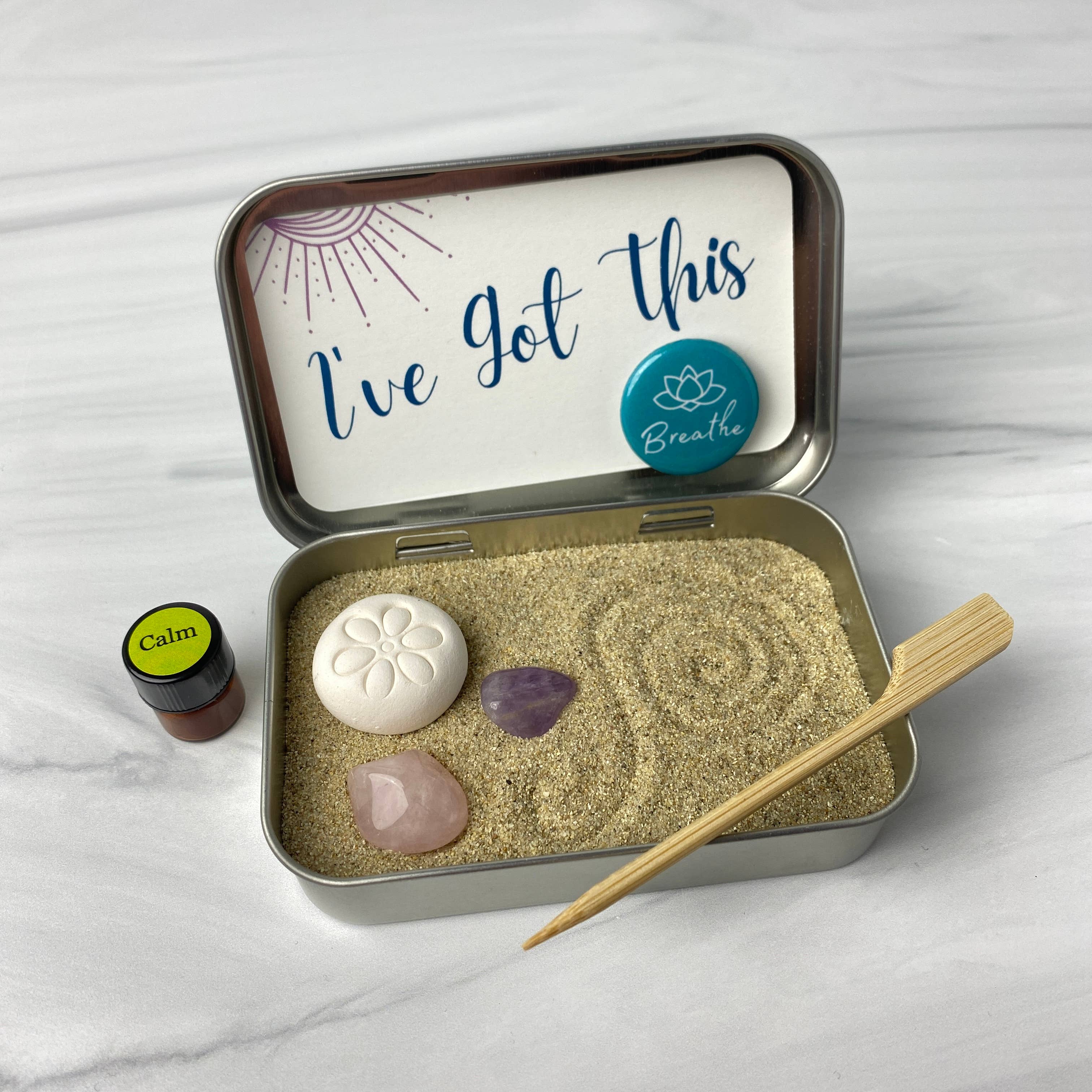 Blooming Light Botanical Alchemy, llc - Wholesale Meditation Supplies - A Moment of Zen Kit, a miniature aromatherapy zen garden kit7