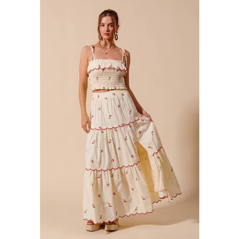 CREAM FLORAL EMBROIDERED SMOCKED TOP ELASTICIZED WAIST for wholesale on Faire0