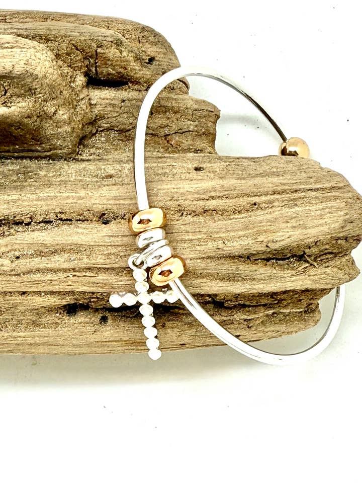 Bracelet Cuff Alloy Plated Silver with PearlGlass Bead Cross for wholesale by Rant & Rave Classic