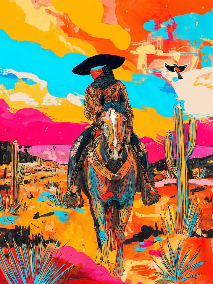 Cowgirl Linda gör rundorna - Höj volymen; Sydvästra färgglada toner - 8"x10" konstverk för 11"x14" ram för wholesale av Mowbi