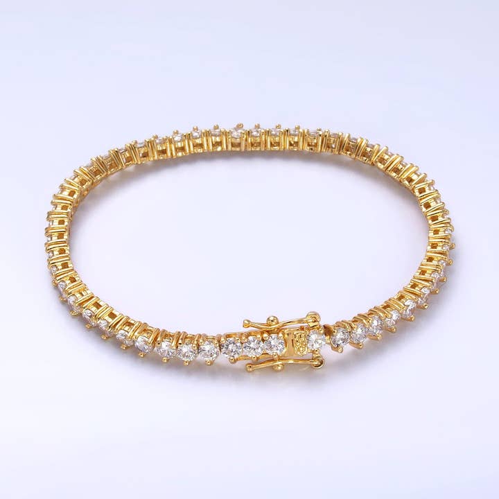 24K Gold Filled 4.2mm Three-Prong Tennis Chain Bracelet in Gold & Silver | WA-3034 WA-3035 for wholesale by Aim Eternal