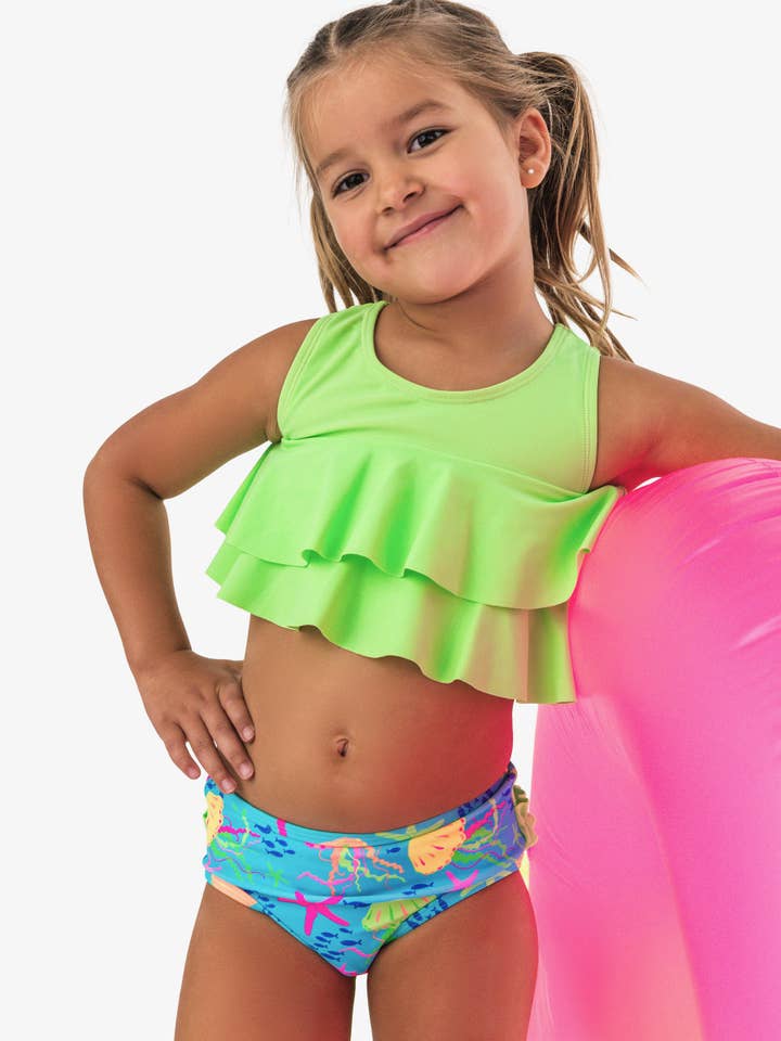 Girls Neon Jelly Time Flounce Bikini 2-Piece Swimsuit with Signature Rear Ruffles
for wholesale by RuffleButts + RuggedButts