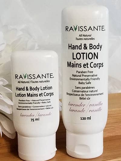 Lotion pour les mains et le corps entièrement naturelle - Lavande et lavande/vanille, formats de 75 ml et 120 ml pour la vente par Ravissante