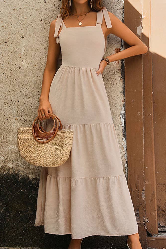 Apricot Summer Square Neck Tie Strap Dress for wholesale on Faire0