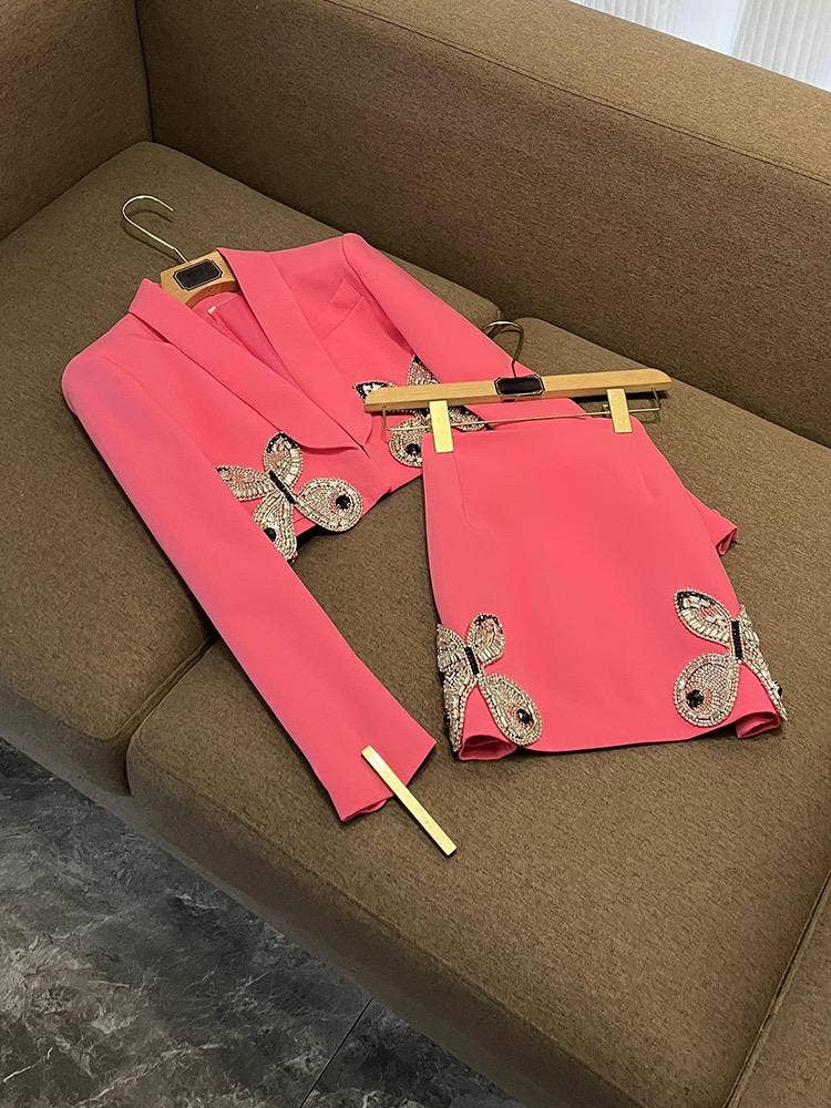 Sanyao Fashion - Wholesale Suit Set - Women's - SY396 Pink Suit with Diamond Bow Decor and Short Hip Skirt 0