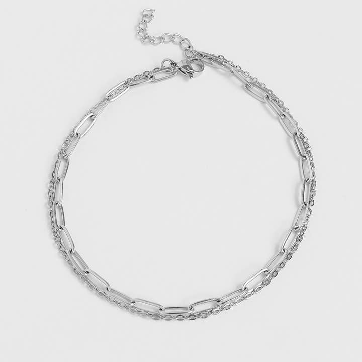 WJW - Wholesale Anklet - 2 Row Stainless Steel Loop and Paperclip Chain Anklet