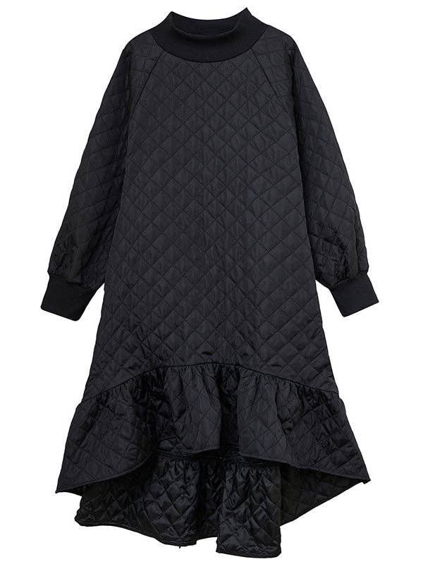 BLACK Casual Long Sleeves A-Line Rhombic Falbala High-Neck Midi Dresses for wholesale on Faire8