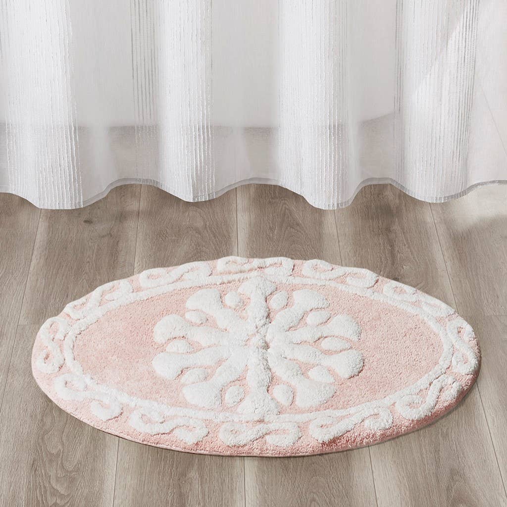 Olliix - Vente Tapis de bain - Tapis de bain en coton médaillon bohème moderne, rose1